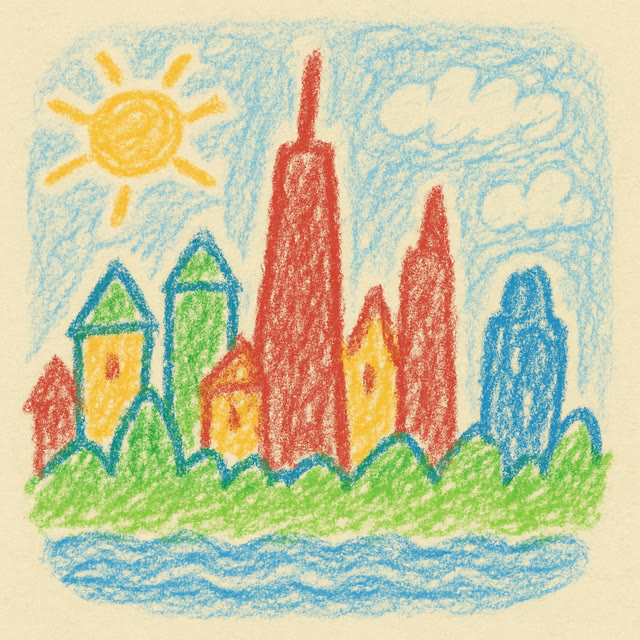 The Walkalyze app icon: a crayon drawing of a city skyline by the water